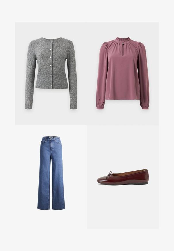 Hall lihtne hall kudumisega kardigan pikkade varrukatega, ümmarguse kaelusega ja kuue nupukesega. Omab soonikserva ja tekstuuri kogu kangas.; Pika-sleeve lillebluu, millel on kogutud krae, võtmeaugu dekoltee nööpide kinnitusega ja veidi puhvne õlavarred.; Heled sinise denimist laiad jalad, kõrgema talje ja kahe eesmise taskuga, nähtavate õmblustega. Omab nuppu ja luku sulgemist.; Burgundi patendnahk kingad balletitüüpi, ümmarguse ninaosa, ees väike paelaaktsent ja madal must kummist tald. Sile tekstuur.