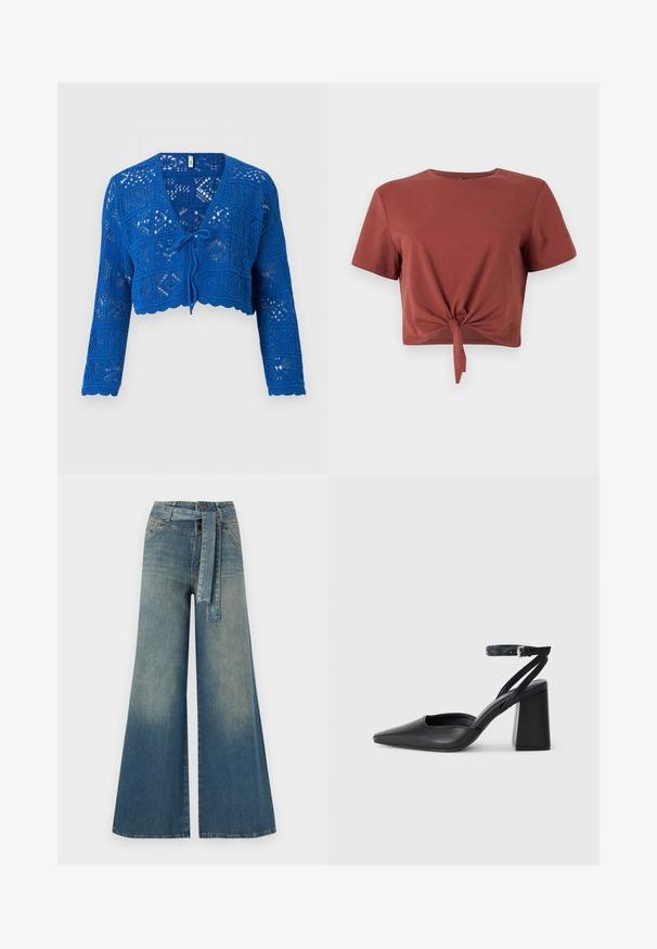 Zila tamborēta jaka ar garām piedurknēm, V veida kakla izgriezums, priekša aizverama ar saišu, atvērts adījuma raksts un viļņota apakša. Viegls un teksturēts dizains.; Rūsganbrūns īsais krekls no mīksta kokvilnas ar īsām piedurknēm un mezglotu priekšējo daļu. Gluda tekstūra, noapaļots kakla izgriezums.; Platām kājām džinsu bikses ar gaismas līdz tumši zilam gradientam, augstu jostas līniju, jostas cilpām un atbilstošu auduma jostu. Tekstūrēts džinsas apdare.; Melna ādas augstpapēžu kurpe ar norakstīto purngala formu, potītes siksniņu un masīlu papēdi. Gluda tekstūra, elegants dizains un minimālisma estētika.