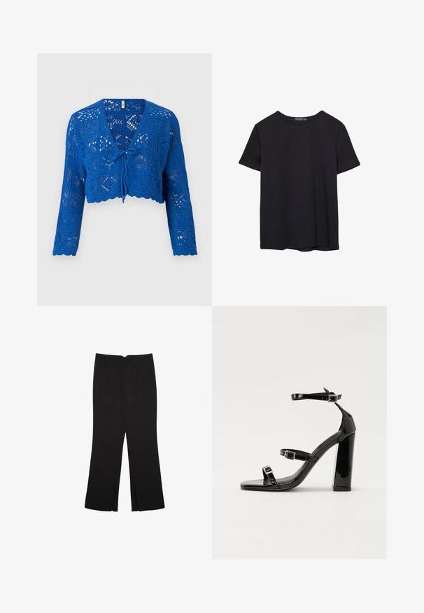 Plavi pleteni kardigan s dugim rukavima, V-izrezom, vezivanjem sprijeda, otvorenim pletenim uzorkom i valovitim rubom. Lagani i teksturirani dizajn.; Pura crna pamučna majica kratkih rukava s okruglim izrezom, prikazana na bijeloj pozadini.; Crne hlače ravnog kroja, s prednjim džepovima i bočnim prorezima na rubu. Izrađene od mekog i glatkog materijala. Pogodne za razne prigode.; Crne lakirane sandale na visoku petu s dva remena s kopčama, kvadratnim vrhom i masivnom blok petom, s glatkom, sjajnom teksturom.