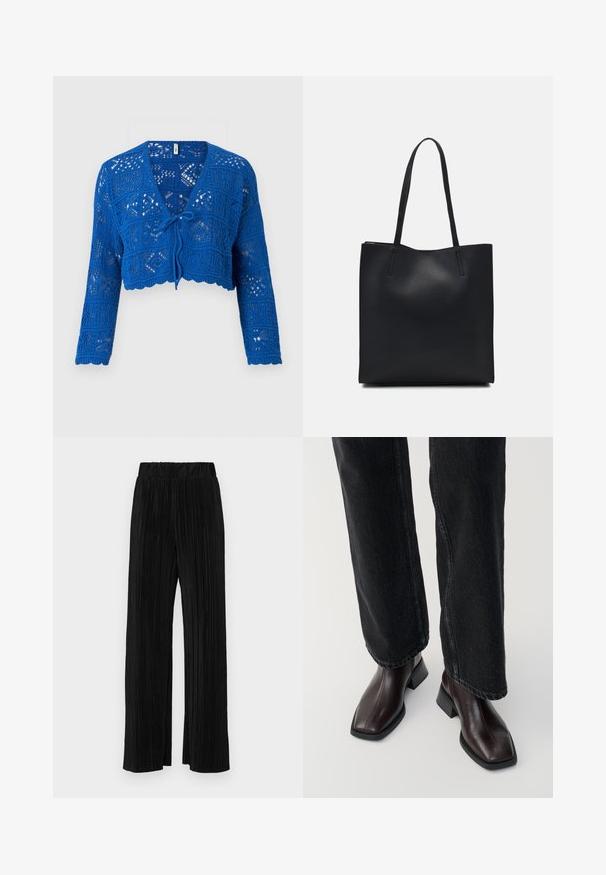 Modrý háčkovaný kardigan s dlouhými rukávy, výstřihem do V, zavazováním vpředu, otevřeným pletením a vlnitým lemem. Lehce a texturovaný design.; Černé bavlněné tričko s krátkými rukávy, kulatým výstřihem a kontrastním bílým prošíváním na manžetách rukávů. Hladká textura, volný střih.; Černé plisované kalhoty s elastickým pasem. Mají široké nohavice a hladkou, strukturovanou tkaninu s vertikálními pruhy.; Hnědé kožené kotníkové boty se čtveratým špičkou a širokým podpatkem, kombinované s černými širokými riflovými kalhotami. Hladká textura a minimalistický design.; Černá kožená taška přes rameno s hladkým povrchem, obdélníkovým tvarem a dvěma dlouhými uchy. Žádné viditelné kování ani ozdoby.