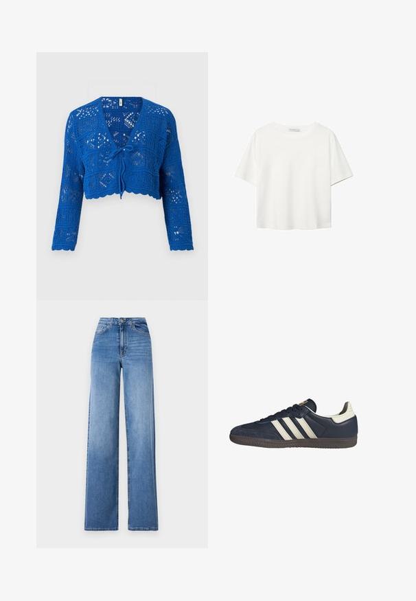 Blå virkad cardigan med långa ärmar, V-ringning, knytning framtill, öppen stickning och scalloped fåll. Lätt och texturerad design.; Vit t-shirt med kort ärm i bomull. Har en rundad halsringning och en avslappnad passform. Slät textur utan synliga mönster eller detaljer.; Ljusblå vida jeans tillverkade av denim, med hög midja, framfickor och standard knäppning. Slät textur.; Mörkblå lädersneakers med tre beige ränder, en texturerad tådel och en brun gummisula, med en kontrasterande vit häldekoration.