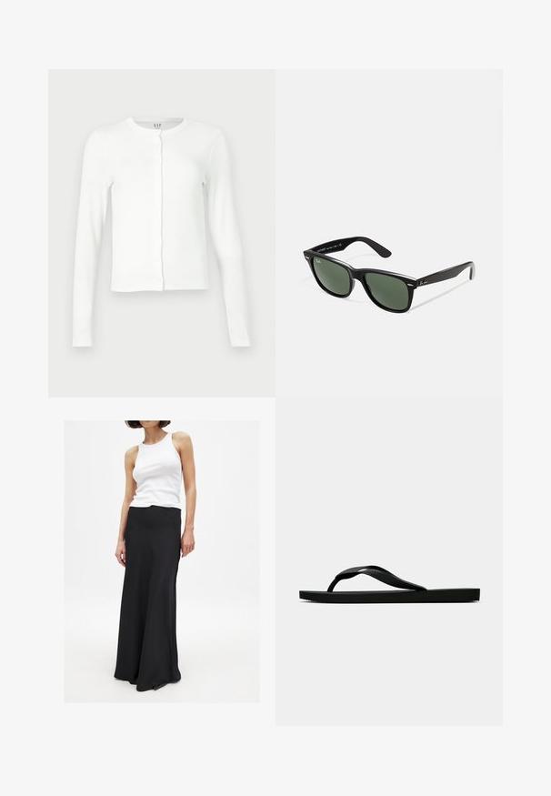 Balts garais piedurkņu pogājams kardigans ar apaļu kakla izgriezumu, šauru piegriezumu un niansētu GAP zīmola etiķeti kakla iekšpusē.; Balts kokvilnas T-krekls ar īsām piedurknēm, apaļo izgriezumu un taisnu griezumu. Gluda tekstūra, vienkāršs dizains, bez redzamām rakstu vai akcentiem.; Melnas grīdas garuma svārki, izgatavoti no gludas auduma, ar pieguļošu jostasvietu un vieglu izplatījumu uz apakšmalu. Apvienoti ar balto topu bez piedurknēm.; Melna gumijas flip-flop sandaļa ar teksturētu nolaists jostu un vienkāršu plakanā zole, attēlota no sāniem uz vienkārša gaiša fona.; Melnas plastmasas saulesbrilles ar zaļiem lēciem, kvadrātveida rāmjiem, sudrabainu akcentu uz uzacīm un teksturētām tempļu kājām. Zīmols norādīts uz iekšējās kājas.