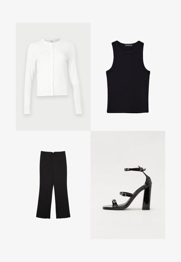 Weißer langärmeliger Button-Up-Kärdigan mit runder Halslinie, schlanker Passform und dezentem GAP-Label im Kragen.; Schwarzes Tanktop aus Baumwolle mit rundem Halsausschnitt und weiten Armöffnungen. Glatte Textur mit genähten Säumen. Klassisches, minimalistisches Design.; Schwarze Hose mit geradem Schnitt, ausgestattet mit Fronttaschen und Seitenschlitzen am Saum. Hergestellt aus weichem, glattem Stoff. Geeignet für verschiedene Anlässe.; Schwarze Lackleder-Sandalen mit hohen Absätzen, zwei Riemen mit Schnallen, quadratischer Zehenpartie und klobigem Blockabsatz, mit einer glatten, glänzenden Textur.