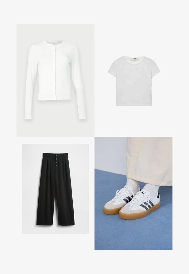 Bela dolga majica s gumbi, s krojem s krojenjem, ozkim prilegom in subtilno oznako blagovne znamke GAP znotraj ovratnika.; Bela majica s kratkimi rokavi in okroglim ovratnikom, izdelana iz mehke bombažne tkanine, ki ima preprost, čist dizajn brez vidnih vzorcev ali poudarkov.; Široke črne hlače iz teksturirane tkanine. Imajo visok pas, sprednje zapiranje na pet gumbov in pregibne plošče za dodatne detajle.; Bele tene škornje s črnimi črtami in bež usnjenimi detajli. Imajo teksturirano gumijasto podplat in ravne bele vezalke, nosijo se z svetlimi nogavicami.