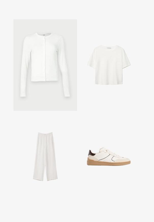 Bílé dlouhé rukávy svetr s knoflíky a kulatým výstřihem, slim fit a diskrétní štítek značky GAP uvnitř límce.; Bílý krátký rukáv tričko vyrobené z bavlny. Má kulatý výstřih a volný střih. Hladký materiál bez viditelných vzorů nebo akcentů.; Bílé široké kalhoty vyrobené z lehké tkaniny. Mají elastický pas se šňůrkou a boční kapsy. Hladká textura.; Stradivarius Tenisky - white