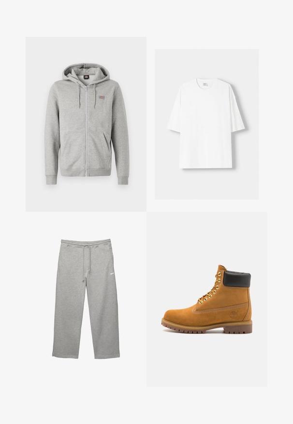 Felpa con zip grigia realizzata in morbido misto cotone. Dotata di cappuccio con cordino, due tasche frontali e un piccolo logo sul petto.; T-shirt bianco a maniche corte realizzato in cotone, con scollatura rotonda e vestibilità rilassata. Texture liscia, senza motivi o dettagli visibili.; Pantaloni sportivi grigi realizzati in tessuto morbido, con vita elastica, cordoncino regolabile e tasche laterali. Presenta un piccolo logo bianco.; Stivale alla caviglia in suede tan con collare imbottito nero, occhielli in metallo dorato, dettagli in cucitura bianca e suola in gomma robusta con battistrada pronunciato.