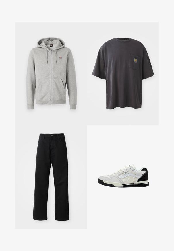 Gray zip-up hoodie made from soft cotton blend. Features a drawstring hood, two front pockets, and a small logo on the chest.; Black cotton t-shirt with short sleeves, a round neckline, and a left chest pocket featuring a square logo patch. Simple and unembellished design.; Black denim pants with a straight cut, featuring front pockets, a zip fly, and a single top button. Textured fabric with a matte finish.; White and black sneaker with a suede and mesh upper, rounded toe, lace-up design, and rubber sole with a textured pattern.