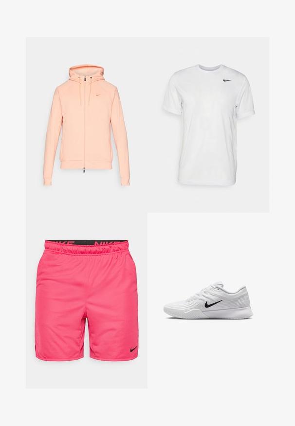 Felpa Nike rosa chiaro con zip, cappuccio, maniche lunghe e polsini elasticizzati. Presenta un logo ricamato sul petto e una texture liscia.; T-shirt bianco a maniche corte in tessuto morbido. Presenta un collo rotondo e un piccolo logo Nike nero sul lato sinistro del petto.; Shorts Nike rosa con cintura elasticizzata. Presentano una banda interna nera con logo, fessure laterali per il movimento e una texture di tessuto liscia.; Scarpa da ginnastica bianca con tomaia in mesh testurizzato, logo Nike nero, collo imbottito e suola in gomma con un motivo di battistrada.