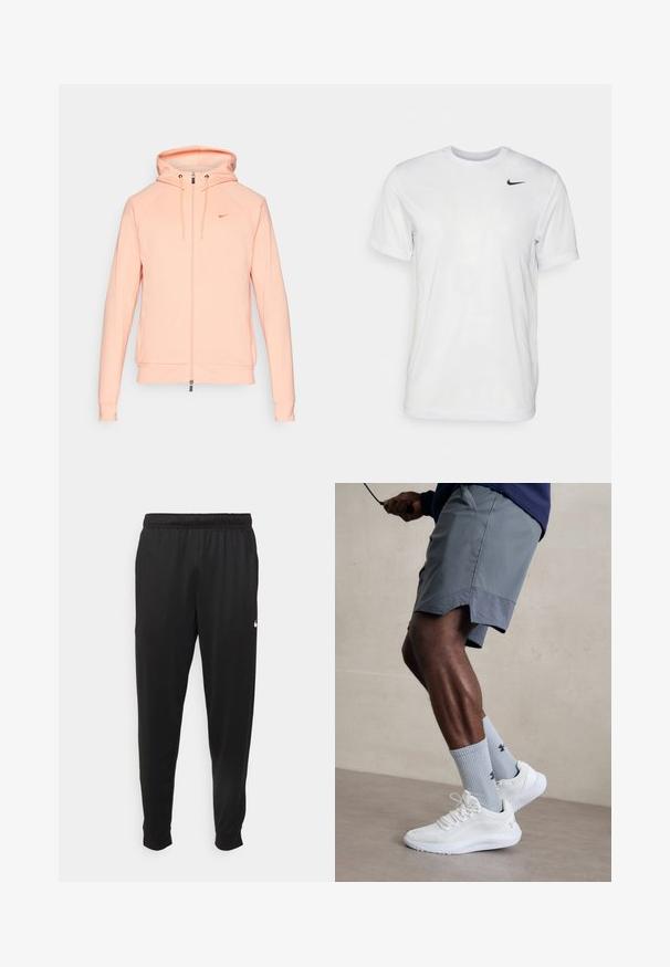 Lichtroze Nike zip-up hoodie met een capuchon, lange mouwen en elastische manchetten. Bevat een geborduurd logo op de borst en heeft een gladde textuur.; Witte korte mouwen t-shirt gemaakt van gladde stof. Voorzien van een ronde hals en een klein zwart Nike-logo op de linkerborst.; Zwarte sportbroek gemaakt van gladde stof, met een elastische tailleband, taps toelopende pijpen en een klein wit logo aan de linkerzijde.; Witte sportschoenen met een textuur van gaas aan de bovenkant, gecombineerd met lichtblauwe geribde sokken met een logo. Grijze sportshorts met geperforeerde accent.