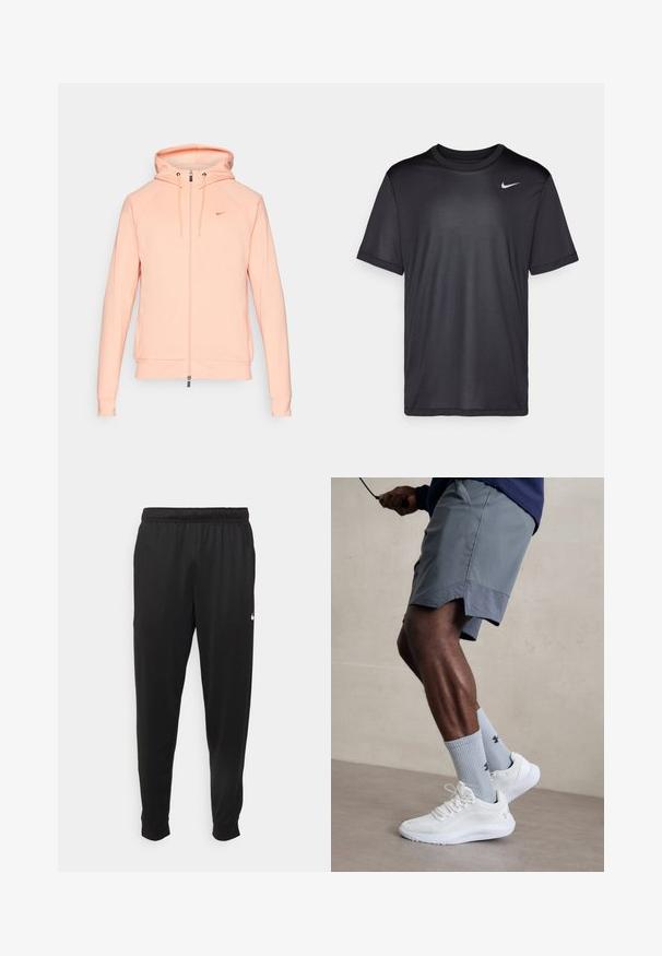 Haut de jogging zippé Nike rose clair avec capuche, manches longues et poignets élastiques. Présente un logo brodé sur la poitrine et une texture lisse.; T-shirt de sport noir à manches courtes, col rond, fabriqué en tissu lisse. Il présente un petit logo Nike blanc en haut à gauche.; Pantalon de sport noir en tissu lisse, avec une taille élastique, des jambes fuselées et un petit logo blanc sur le côté gauche.; Baskets de sport blanches avec une tige en mesh texturé, associées à des chaussettes bleues claires à côtes avec un logo. Shorts de sport gris avec des bordures perforées.