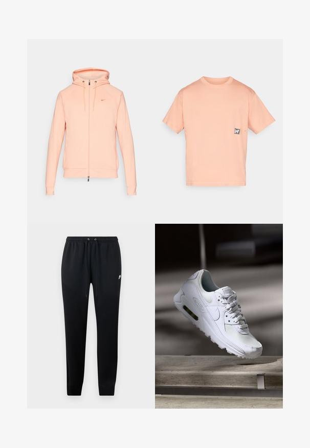 Ροζ Nike φούτερ με φερμουάρ, με κουκούλα, μακριά μανίκια και ελαστικές μανσέτες. Διαθέτει κεντημένο λογότυπο στο στήθος και λεία υφή.; T-shirt κοντομάνικο, με στρογγυλή λαιμόκοψη, φτιαγμένο από μαλακό ύφασμα σε απαλό ροδακινί χρώμα με λεπτή υφή και μια μικρή μαύρη και λευκή ετικέτα λογότυπου στο στήθος.; Μαύρες φόρμες από μαλακό ύφασμα, με ελαστική μέση και κορδόνια, με μανσέτες στους αστραγάλους και μια μικρή λεπτομέρεια λογότυπου στο πλάι.; Λευκό αθλητικό παπούτσι Nike Air Max 90 με άνω μέρος από διχτυωτό και δερμάτινο υλικό, τρυπητό μπροστινό μέρος και ορατή μονάδα αέρα στη φτέρνα.