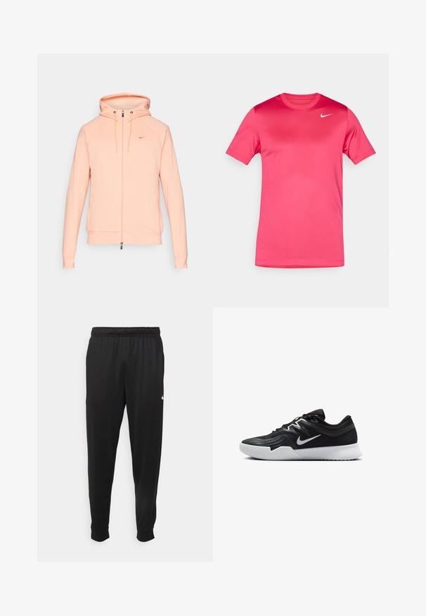 Camarra com fecho éclair da Nike em rosa claro, com capuz, mangas longas e punhos elásticos. Apresenta um logótipo bordado no peito e uma textura suave.; T-shirt rosa de mangas curtas feito de um tecido leve e suave. Apresenta um decote redondo e um pequeno logótipo da Nike em branco no peito.; Calças de desporto pretas feitas de tecido suave, com uma cintura elástica, pernas ajustadas e um pequeno logo branco no lado esquerdo.; Sapatilha atlética preta com um cabedal texturizado, swoosh branco da Nike e uma sola de borracha branca. Apresenta um design com atacadores e uma forma dinâmica.
