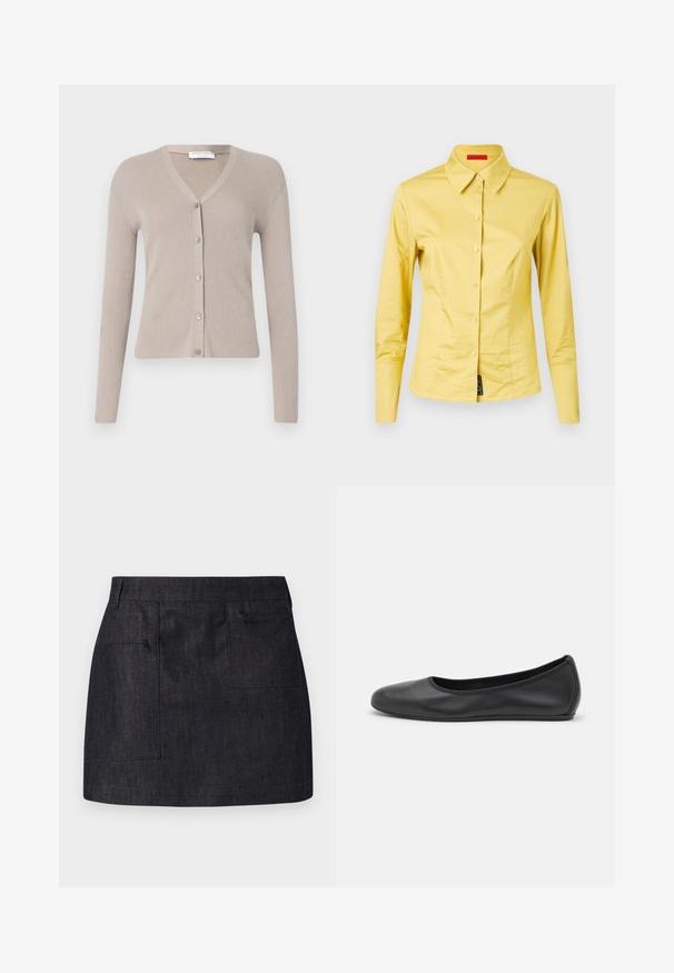 Tiger of Sweden GIANE - Cardigan - granite; Langermet gul skjorte med knappestrammesystem og spiss krage, glatt stoff, og en sort etikettdetalj nederst til venstre.; Mørk denimskjørt med rett snitt, med to frontlommer og subtil tekstur. Ren kanten og standard midjebånddesign.; Svart skinnballettflatt med rund tå, glatt tekstur, minimal sømdetalj, og et fleksibelt såledesign.