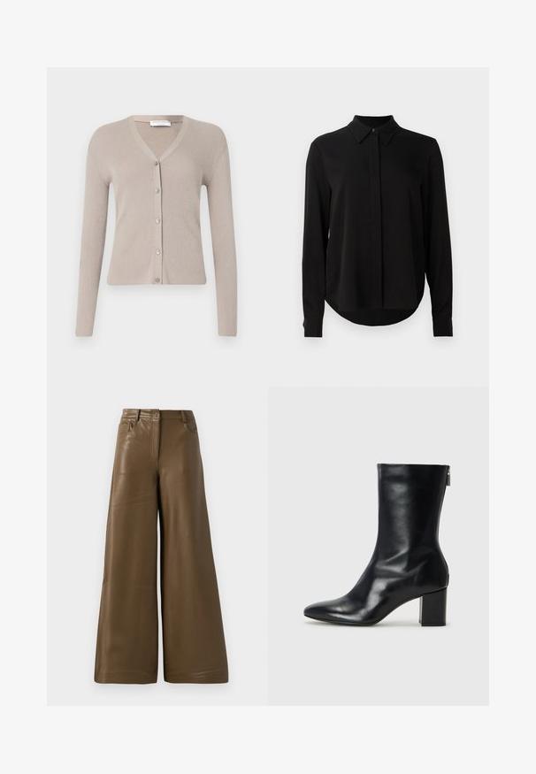 Tiger of Sweden GIANE - Strickjacke - granite; Schwarze Bluse mit langen Ärmeln, spitzem Kragen, verdeckter Knopfleiste und abgerundetem Saum vor einem schlichten weißen Hintergrund.; Hoch taillierte, weit geschnittene Hose aus glattem, braunem Kunstleder. Mit vier Taschen und einem Reißverschluss auf der Vorderseite. Flache Textur und minimalistisches Design.; Schwarze Leder-Ankle-Boots mit spitzer Zehe und 4 cm Blockabsatz. Schlankes Design mit einem seitlichen Reißverschluss für einfaches Anziehen. Glatte Textur.