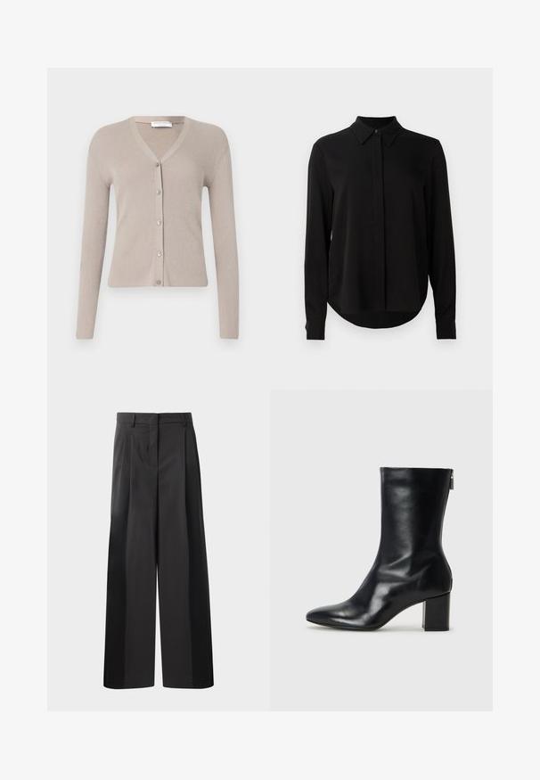 Tiger of Sweden GIANE - Vest - granite; Zwarte blouse met lange mouwen, spitse kraag, verborgen knoopsluiting en afgeronde zoom tegen een eenvoudige witte achtergrond.; Zwarte wijde broek met hoge taille, met voorplooien, een gladde textuur en een nette afwerking. Ontworpen voor een ontspannen pasvorm.; Zwarte leren enkelboot met een spitse neus en een blokhak van 4 cm. Strak ontwerp met een zijrits voor gemakkelijke aan- en uittrekken. Soepele textuur.