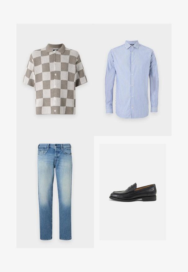 Chemise à manches courtes, à boutons, avec un motif en damier brun et blanc. Fabriquée en tissu tricoté texturé avec un col.; Chemise à rayures bleues et blanches, à boutonnage avec col, manches longues et ourlet droit. Tissu doux et coupe classique.; Jeans en denim bleu clair avec une finition délavée, jambes droites, cinq poches et fermeture à bouton. Détails cousus et étiquette de marque au dos.; Mocassins en cuir noir avec une finition lisse, bout rond et coutures décoratives sur la tige. Talon bas empilé et léger brillant.