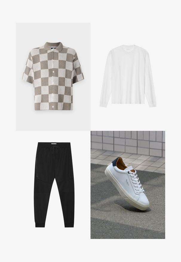 Nappapaita lyhyillä hihoilla, jossa on ruskeavalkoinen ruutukuosi. Valmistettu Tekstuuritetusta neuloksesta ja varustettu kauluksella.; Pitkähihaisen valkoisen puuvillapaidan, jossa on pyöreä kaula-aukko ja ribbaus hihansuissa. Yksinkertainen, koristeltu design, jossa on sileä rakenne ja normaali istuvuus.; Mustat urheiluhousut, jotka on valmistettu teksturoidusta kankaasta. Housuissa on säädettävä vyötärö, vetoketjullinen sivutasku ja kapenevat hihnat.; Valkoinen nahkakenkä, jossa on tummansininen kantapää, pyöreä kärki ja ristikkäiset ruskeat korostukset. Varustettu tasapaksuilla nauhoilla ja teksturoidulla kumipohjalla.