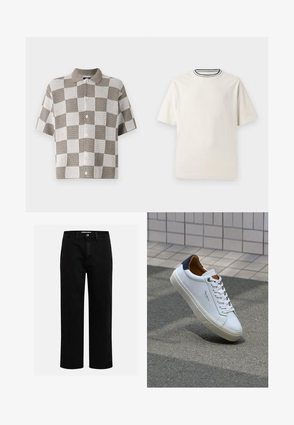Korte mouwen, overhemd met knopen en een dambordpatroon in bruin en wit. Gemaakt van gestructureerde gebreide stof met een kraag.; Crème-kleurige katoenen t-shirt met korte mouwen, met een ronde halslijn die is accentueerd met marineblauwe en witte strepen. Soepele textuur, ontspannen pasvorm.; Zwarte denim broeken met een rechte pijp, klassieke vijf-pocket structuur en een knoopsluiting in de taille. Glad materiaal en duurzame stof.; Witte leren sneaker met een marineblauwe hiel, ronde neus en contrasterende bruin accent. Beschikt over platte veters en een gestructureerde rubberen zool.