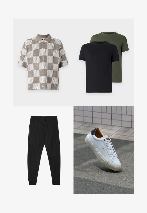 Kortärmad, knapp-up skjorta med ett rutmönster i brunt och vitt. Tillverkad av strukturerad stickad tyg med krage.; Två crew-neck t-shirts i svart och olivgrön, tillverkade av mjukt bomullstyg. Designen är enkel med korta ärmar och rak passform.; Svarta träningsbyxor i texturerad tyg, med justerbart midjeband, ficka med dragkedja på sidan och avsmalnande muddar.; Vita lädersneakers med en marinblå häl, rund tå och kontrasterande bruna detaljer. Har plana snören och en texturerad gummisula.