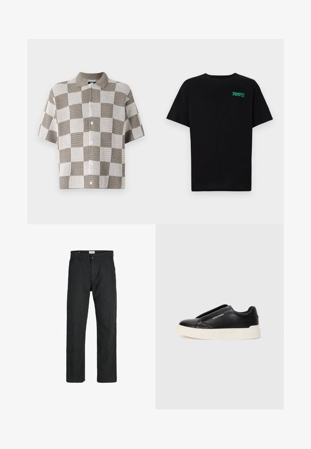 Trumpos rankovės, mygtukais susegama marškinėliai su rūtų raštu rudos ir baltos spalvų. Pagaminta iš tekstūruoto megztinio audinio su color.; Juodas medvilninis marškinėliai trumpomis rankovėmis. Priekyje yra žalias „ROOTS“ logotipas, apvalus iškirpimas ir standartinė prigludimo forma.; Juodi kelniai, pagaminti iš tvirto audinio, su tiesiomis kojomis, siuvinėtomis detalėmis ir dviem priekinėmis kišenėmis funkcionalumui.; Juodi slip-on sportbačiai su tekstūruota odos viršutine dalimi, balta gumine padai ir be matomų raištelių. Šone yra prekės ženklo logotipas.