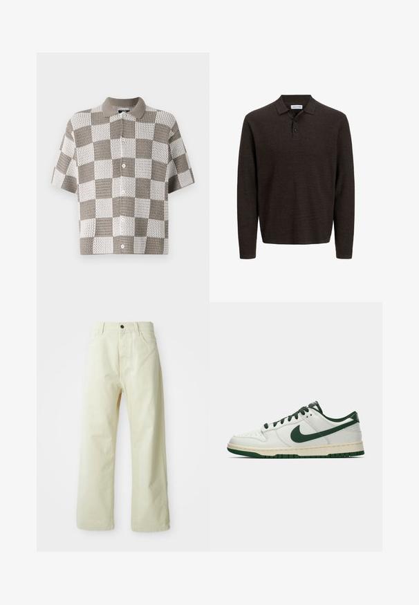 Korte ermer, knepping skjorte med sjakkmønster i brunt og hvitt. Laget av teksturert strikket stoff med krage.; Brun langermet poloskjorte laget av strukturert stoff. Har en klassisk krage og tre knapper foran. Ledig passform med ribbede mansjetter.; Lys gul, vide bukser i denim med en frontknaplukning, fem lommer og en lige, udekoreret design.; Hvit lav sneaker med mørkegrønn Nike swoosh, snøring og såleakkenter, vist i profil mot en enkel hvit bakgrunn.