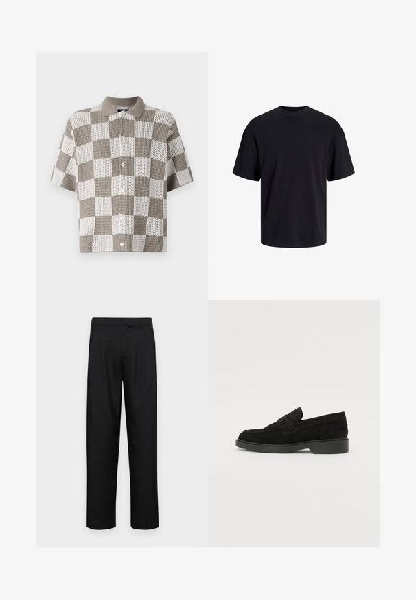 Kurzarmhemd mit Knöpfen und einem Schachbrettmuster in Braun und Weiß. Hergestellt aus strukturiertem Strickstoff mit einem Kragen.; Schwarzes Baumwoll-T-Shirt mit Rundhalsausschnitt, kurzen Ärmeln und lässiger Passform. Glatte Oberflächenstruktur und keine sichtbaren Muster oder Akzente.; Schwarze Hose aus glattem Stoff, mit geradem Bein Design, zwei vorderen Falten und einem Standardbund mit Gürtelschlaufen.; Schwarze Wildleder-Slipper mit niedrigem Absatz, ausgestattet mit einem einfachen Band über dem Obermaterial und texturierten Details an den Seiten.