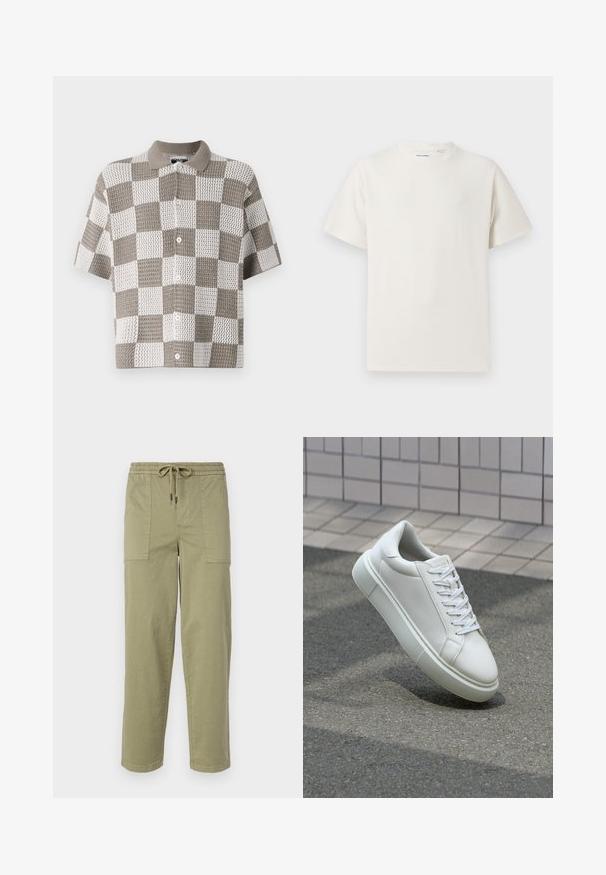 Short-sleeve, button-up shirt with a checkerboard pattern in brown and white. Made of textured knit fabric with a collar.; White short-sleeve T-shirt in a ribbed texture. Round neckline, relaxed fit, no visible patterns or accents. Simple and versatile design.; Light olive green pants made of cotton blend fabric, featuring an elastic waistband with drawstring, and two large side pockets.; White leather sneaker with a smooth surface, round toe, and flat white laces. Features a textured rubber sole and minimal design elements.