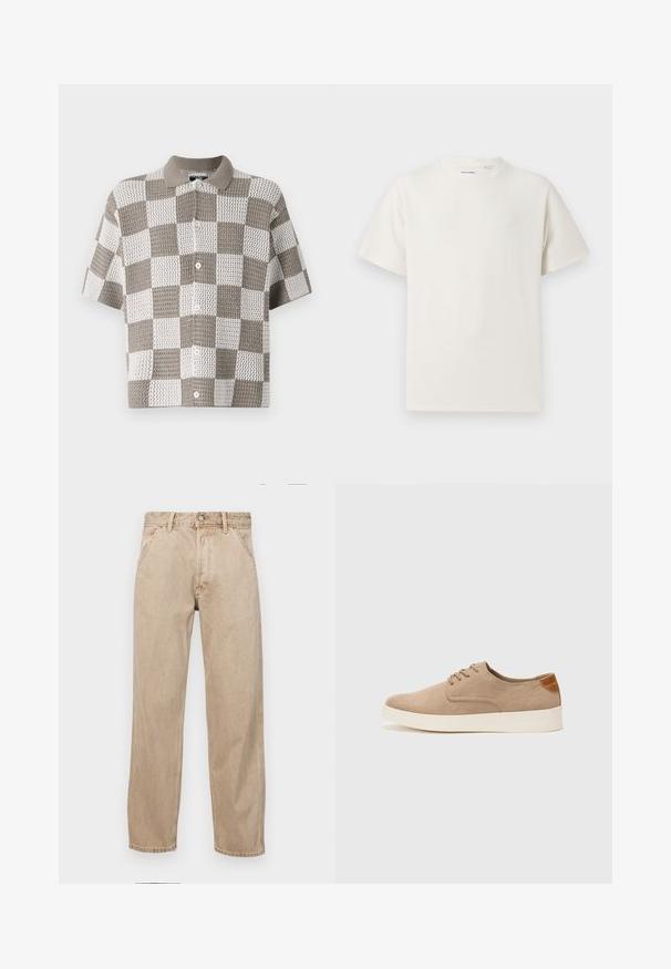 Trumpos rankovės, mygtukais susegama marškinėliai su rūtų raštu rudos ir baltos spalvų. Pagaminta iš tekstūruoto megztinio audinio su color.; Balta trumpa rankovė T-polo marškinėlių su juostelėmis tekstūra. Apvalus iškirpimas, laisvas fasonas, jokių matomų raštų ar akcentų. Paprastas ir universalus dizainas.; Smėlio spalvos džinsai su tiesia kojų siluetu, turintys priekinę kišenę, metalinį mygtuką ir subtilią tekstūrą.; Bežiniai zomšiniai sportbačiai su apvaliomis pirštų dalimis, raišteliais priekyje ir tekstūruotu užkulniu. Balta guma suteikia kontrastą. Paprastas ir modernus dizainas.