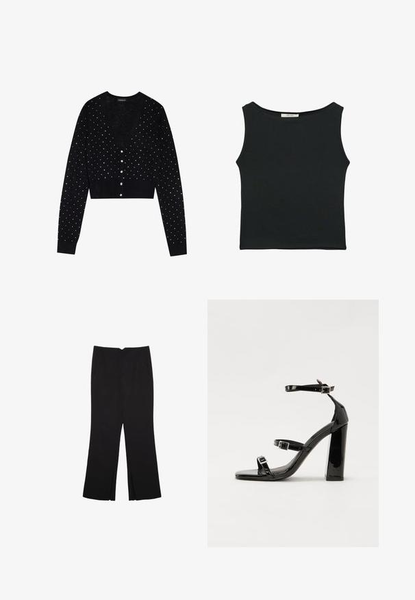 Even&Odd Strickjacke - black; Schwarzes ärmelloses Oberteil aus glattem Stoff, mit einem runden Ausschnitt und einer figurbetonten Passform, ohne sichtbare Muster oder Verzierungen.; Schwarze Hose mit geradem Schnitt, ausgestattet mit Fronttaschen und Seitenschlitzen am Saum. Hergestellt aus weichem, glattem Stoff. Geeignet für verschiedene Anlässe.; Schwarze patentierte Sandalen mit Absatz, quadratischer Spitze, Knöchelriemen und silbernen Schnallen. Mit einem stabilen Blockabsatz für mehr Stabilität.