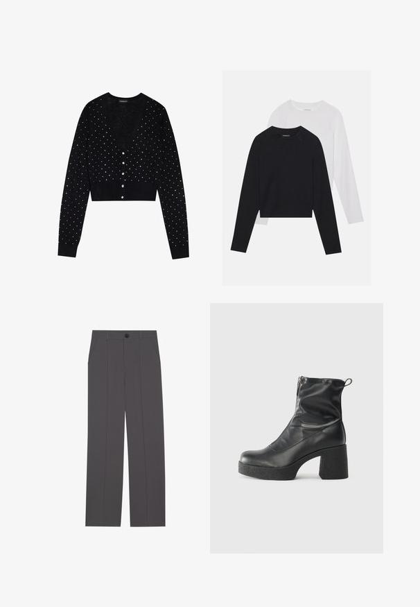 Even&Odd Chaqueta de punto - black; Dos camisetas de manga larga: una negra y una blanca. Ambas cuentan con un cuello redondo, mangas raglán y una suave mezcla de algodón.; Pantalones grises con un diseño de pierna recta, que cuentan con dos bolsillos laterales y un cierre de botón. Tejido suave sin patrones o acentos visibles.; Botines negros de tobillo, hechos de cuero suave, con cierre lateral, tacón grueso texturizado y diseño de punta redondeada.