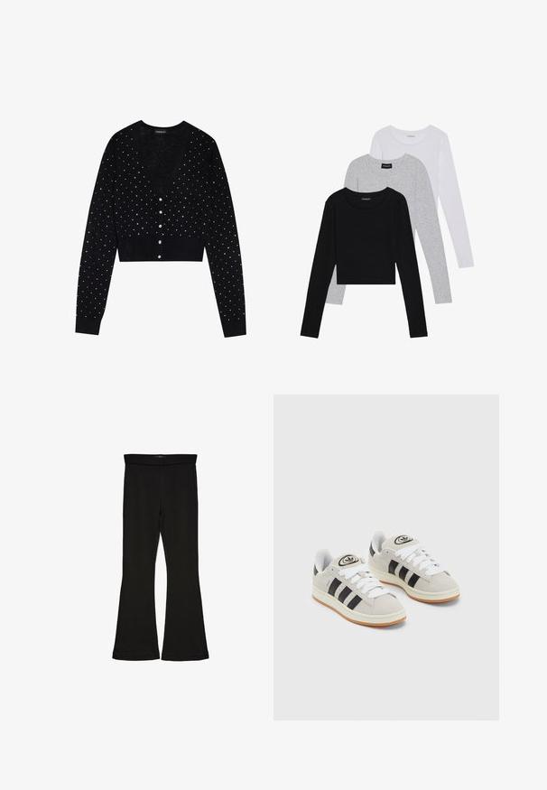 Even&Odd - Kardigan; Trzy bluzki z długim rękawem ułożone jedna na drugiej: czarna, szara i biała. Każda z okrągłym dekoltem i skróconym fasonem, wykonana z gładkiego, lekkiego materiału.; Czarne legginsy w stylu dzwonów wykonane z elastycznej tkaniny. Posiadają szeroki pas i gładką teksturę, z dopasowanym krojem, który rozszerza się ku dołowi.; Szare zamszowe trampki z białymi sznurówkami, czarnymi paskami i białą gumową podeszwą. Posiadają okrągłe logo na języku oraz gumową podeszwę.