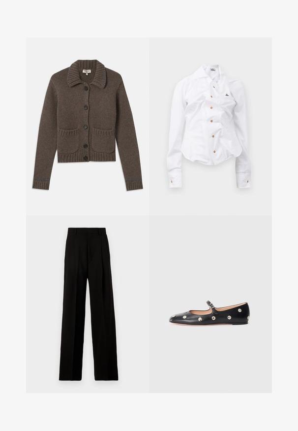 Brązowy, dziany kardigan z kołnierzykiem, pięcioma czarnymi guzikami, ściągaczami na rękawach oraz dwoma przednimi kieszeniami. Akcentowany jasnoniebieskimi niciami.; Biała koszula z długim rękawem o dopasowanym kroju. Posiada dużą kołnierz, zapięcie na guziki z przodu z brązowymi guzikami oraz małe haftowane logo.; Czarne spodnie typu wide-leg wykonane z gładkiego materiału, z wysokim stanem, plisami z przodu i czystym, dopasowanym krojem bez ozdób.; Czarne skórzane buty typu Mary Jane na płaskim obcasie z zaokrąglonym czubkiem, ozdobione srebrnymi okrągłymi ćwiekami oraz regulowanym paskiem z klamrą.