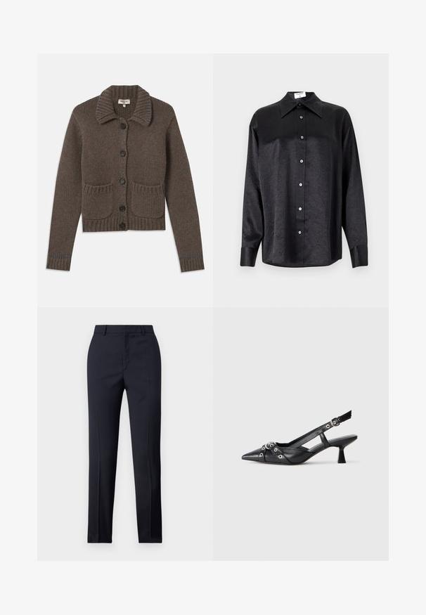 Brown knitted cardigan with a collared neck, five black buttons, ribbed cuffs, and two front pockets. Accented with light blue stitching.; Black long-sleeve shirt with a collared neckline, featuring a crinkled texture, full button front, and cuffs. Made from a smooth fabric.; Navy tailored trousers with a straight cut, featuring a smooth texture, two front pockets, and a clean waistband.; Black leather slingback shoe with a pointed toe, decorative straps featuring metal eyelets, and a low block heel. Textured surface.