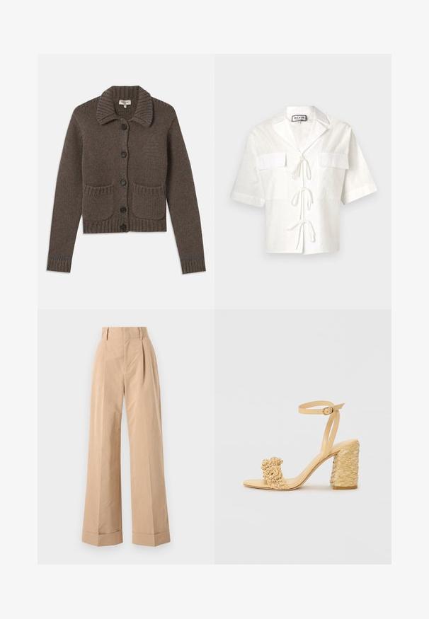 Cardigan en tricot marron avec un col, cinq boutons noirs, des poignets côtelés et deux poches avant. Accentué par des coutures bleu clair.; Chemise blanche à manches courtes avec col, dotée de deux poches avant et d'une fermeture à lacer au milieu. Tissu texturé avec un motif subtil.; Pantalons larges beiges taille haute, avec des plis et une texture lisse. Les ourlets sont repliés, ajoutant un détail structuré.; Sandale à talons hauts beige avec une texture tressée, ornée d'une fleur décorative et d'une bride à la cheville. Le talon carré ajoute de la stabilité.