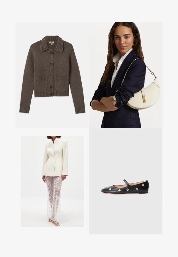 Pruun kootud kardigan, millel on kraega kaelus, viis musta nööpi, soonilised varrukad ja kaks esitaskut. Kaunistatud helesiniste õmblustega.; Valge pikkade varrukatega nööstatud särk, valmistatud siledast kangast, klassikalise kraega ja delikaatse sära ning ümarate servade ja nööbiga detailidega.; Valge struktureeritud bleiser terava kraega, millele on lisatud pikad õhulised pitspüksid lillemustriga ja kehaümarat kujundavat siluetti.; Must naar mustast valmistatud Mary Jane lamedad jalanõud, ümarate varvastega, hõbedaste ümmarguste nupukestega ja reguleeritava rihmaga, millel on klamber.; Valge nahast käekott kumerate kujunditega, kuldsete detailide ja tekstuuriga viimistlusega, kanda tumesinise bleiseri ja valge särgiga.