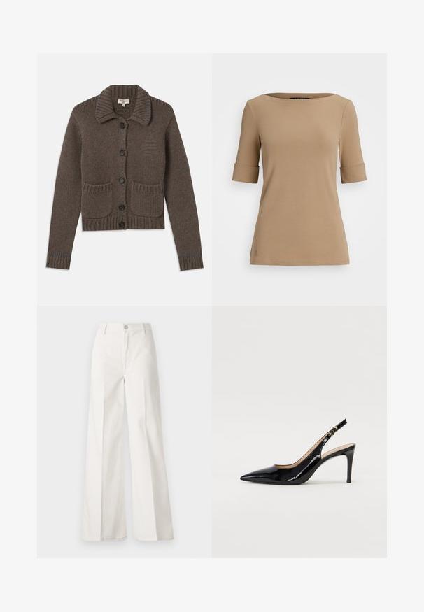 Brown knitted cardigan with a collared neck, five black buttons, ribbed cuffs, and two front pockets. Accented with light blue stitching.; Beige short-sleeve top with a round neckline, featuring rolled cuffs and a smooth texture. Small logo detail near the hem.; White wide-leg trousers made from cotton with a smooth texture. Features a front button, zipper fly, and four-pocket design.; Black patent leather slingback pump with pointed toe, slim heel, and a subtle cutout design. Features a gold buckle on the strap.