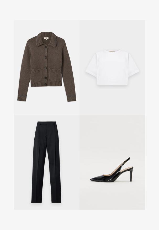 Brown knitted cardigan with a collared neck, five black buttons, ribbed cuffs, and two front pockets. Accented with light blue stitching.; Cropped white t-shirt made of soft fabric, featuring short sleeves, a round neckline, and ribbed hem details. Simple and unembellished design.; Black trousers made from smooth fabric featuring a high waist, wide legs, front pleats, and classic belt loops. No side pockets visible.; Black patent leather slingback pump with pointed toe, slim heel, and a subtle cutout design. Features a gold buckle on the strap.