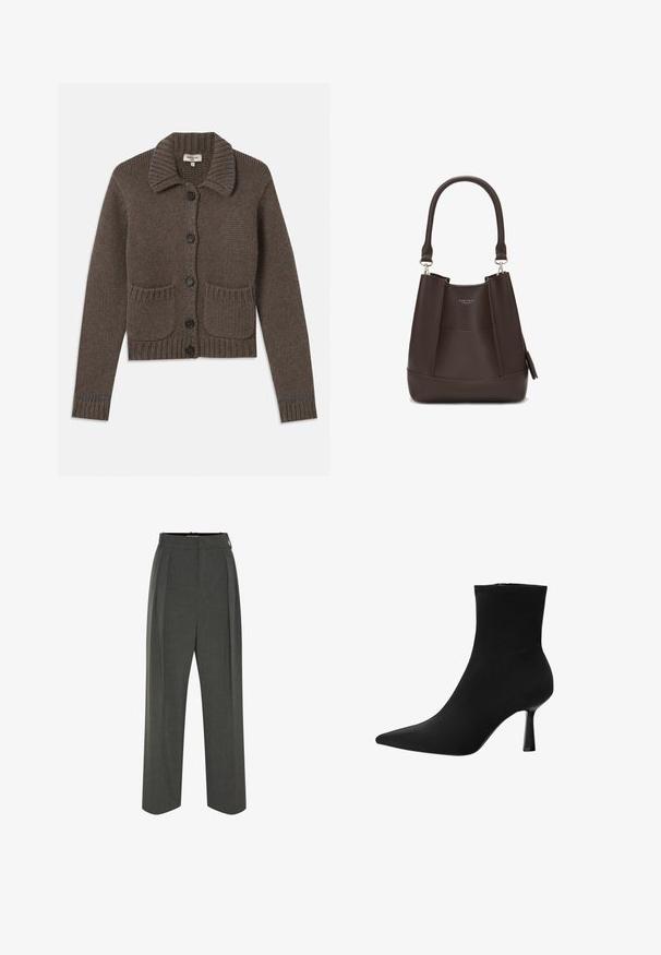 Brązowy, dziany kardigan z kołnierzykiem, pięcioma czarnymi guzikami, ściągaczami na rękawach oraz dwoma przednimi kieszeniami. Akcentowany jasnoniebieskimi niciami.; Biały prążkowany top na ramiączkach z czarnym haftowanym logo umieszczonym na środku klatki piersiowej. Dekolt i otwory na ramiona wykończone subtelnym obszywaniem.; Szare dopasowane spodnie z wysokim stanem, z plisami, szerokimi nogawkami i gładką fakturą. Zapinane na dyskretny zamek.; Czarny botek sięgający kostki, wykonany z gładkiego materiału, z charakterystycznym spiczastym noskiem i smukłym obcasem w stylu szpilki, o jednolitej konstrukcji i bez widocznych elementów metalowych.; Carlheim ADALINE brązowy