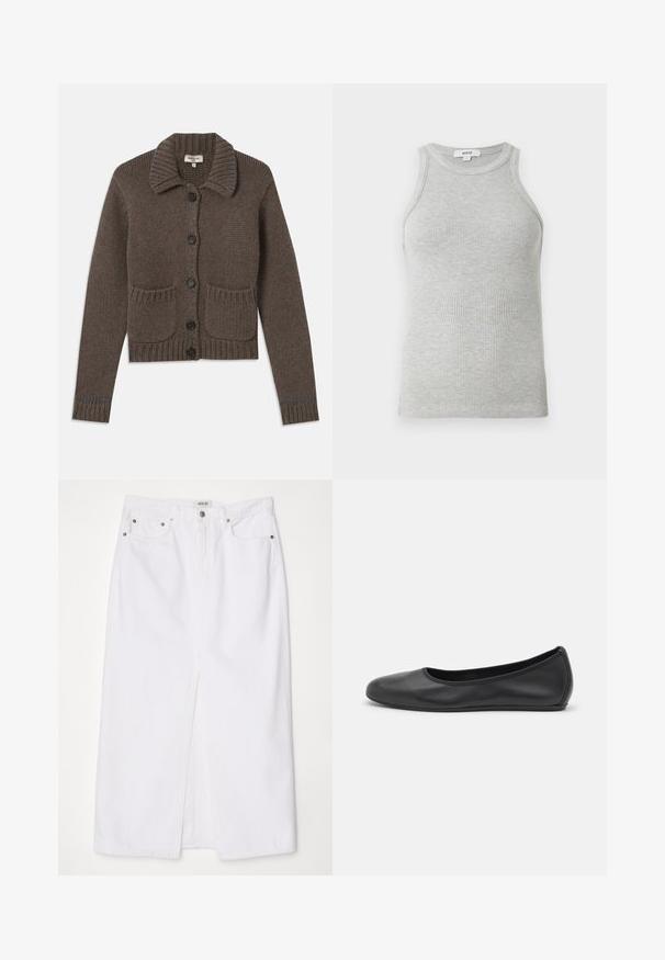 Cardigan en tricot marron avec un col, cinq boutons noirs, des poignets côtelés et deux poches avant. Accentué par des coutures bleu clair.; Débardeur gris à côtes avec un design ajusté, des emmanchures larges et une encolure arrondie. Fabriqué en coton doux avec une texture lisse.; Jupe en denim blanc dotée d'une fente à l'avant, d'un design à cinq poches, d'une fermeture à bouton et à zip en métal, ainsi que de détails de couture en bas.; Ballerines en cuir noir avec un bout rond, texture lisse, détails de couture minimalistes et design de semelle flexible.