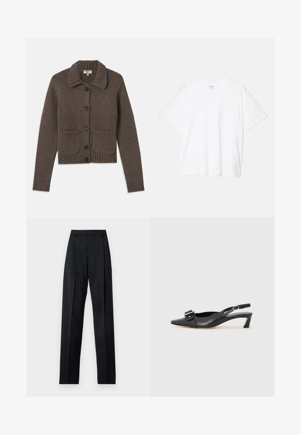 Bruine gebreide cardigan met een kraag, vijf zwarte knopen, geribde manchetten en twee voorkruiden. Verfraaid met lichtblauwe stiksels.; Witte katoenen t-shirt met korte mouwen, ronde halslijn, comfortabele pasvorm en gestikte zoom. Etiket zichtbaar aan de binnenzijde van de hals.; Zwarte broek gemaakt van gladde stof met een hoge taille, wijde benen, voorplooien en klassieke ceintuurlussen. Geen zijzakken zichtbaar.; Zwarte leren slingback schoen met scherpe neus, kleine hak en decoratieve gespdetails op de bovenkant. Stijlvolle textuur, minimalistisch ontwerp.