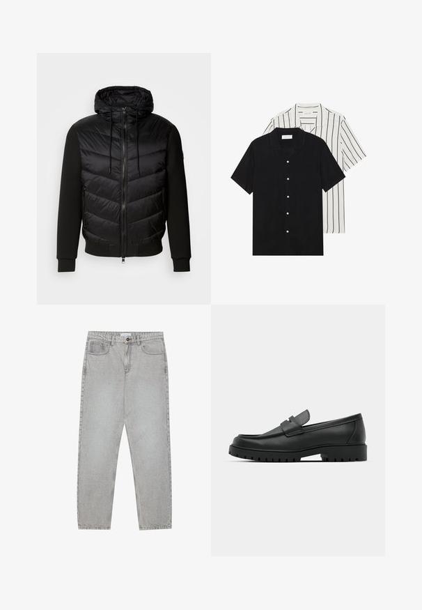 Fekete dzseki puffasztott steppelt elemmel és puha anyagú ujjakkal. Kapucnival, teljes hosszúságú cipzárral és oldalzsebekkel rendelkezik.; Két rövid ujjú ing: az egyik egyszínű fekete, a másik fehér fekete függőleges csíkokkal. Mindkettő gombos záródással és klasszikus gallérral rendelkezik.; Világosszürke farmernadrág egyenes szabással, öt zsebes stílusban, gombos záródással. Látható varrások az illesztéseknél.; Fekete bőr loafer cipők kerek orral, varrott mintázattal, alacsony platformtalpú és texturált, barázdált gumitalppal.