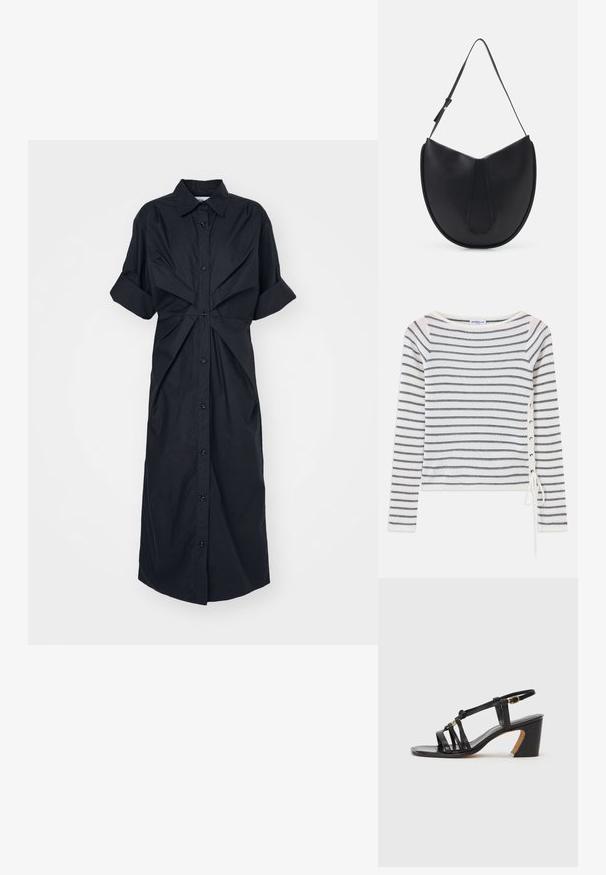 Svītrainā ilgā piedurkne augšdaļa baltā un tumši zilā krāsā, ar plašu kakla izgriezumu un saites detaļu sānos. Izgatavota no teksturētas adītas auduma.; Melna krekliņa kleita ar īsām rollētām piedurknēm, pogu priekšpusi un pagrieztu auduma detaļu viduklī, izgatavota no viegla auduma.; Paul Smith AMIRA - Klasiski papēži - black; THEMOIRè TIKE - Rokassoma - black