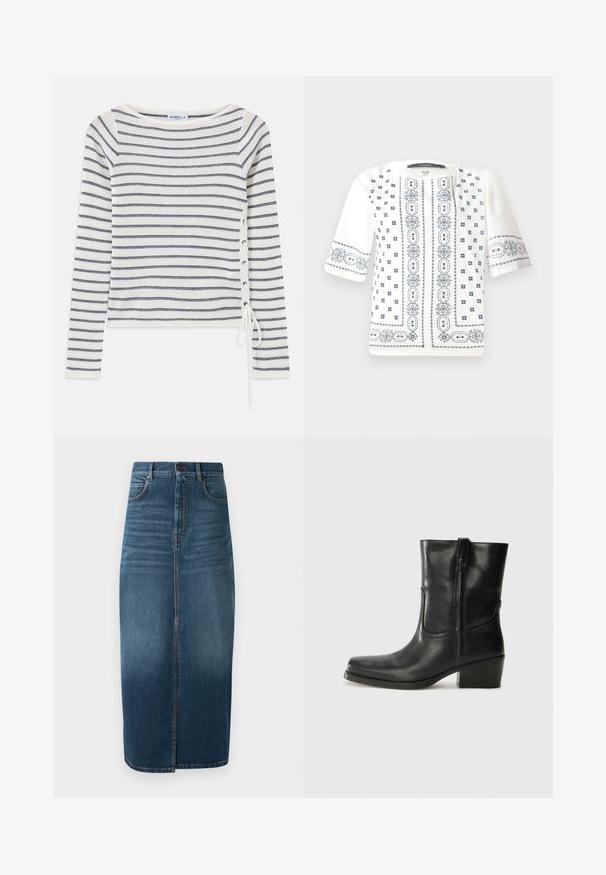 Csíkos, hosszú ujjú felső fehér és sötétkék színben, széles nyakkivágással és fűzős részletekkel az oldalon. Texturált kötött anyagból készült.; Fehér, rövid ujjú blúz, kék virágos hímzéssel, kerek nyakkivágással és bonyolult mintákkal az elején és az ujjakon.; Sötét indigókék farmer midi szoknya, elülső hasítékkal és enyhe kopással. Klasszikus öt zsebes dizájn fém gombos záródással.; Fekete bőr bokacsizma lekerekített orral, blokk sarkúval, oldalsó cipzárral és varrásos díszítéssel az elején. Simább textúra, klasszikus dizájn.