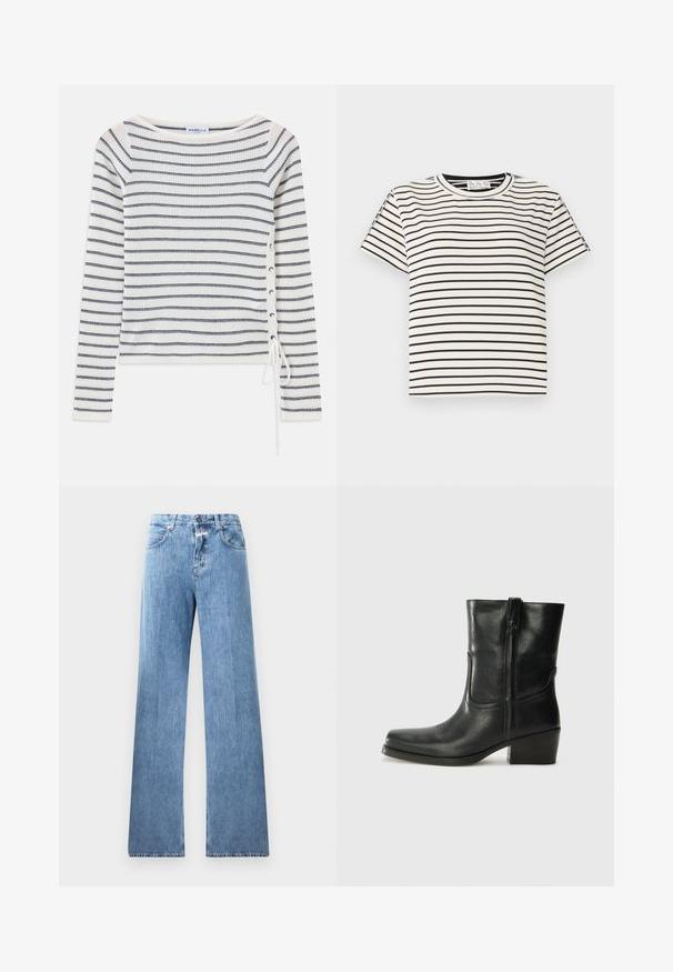 Pasiasty, długi rękaw, w kolorze białym i granatowym, z szerokim dekoltem i koronkowym detalem po boku. Wykonany z teksturowanej dzianiny.; Bawełniana koszulka T-shirt z krótkim rękawem i okrągłym dekoltem, z czarnymi pionowymi paskami na białym tle oraz prostym krojem.; Jasnoniebieskie dżinsy o szerokim kroju, pięć kieszeni, szlufki na pasek i zapięcie na guzik. Tkanina ma gładką strukturę.; Czarne skórzane botki za kostkę z okrągłym noskiem, słupkowym obcasem, bocznym zamkiem i przeszyciami na cholewce. Gładka tekstura, klasyczny design.