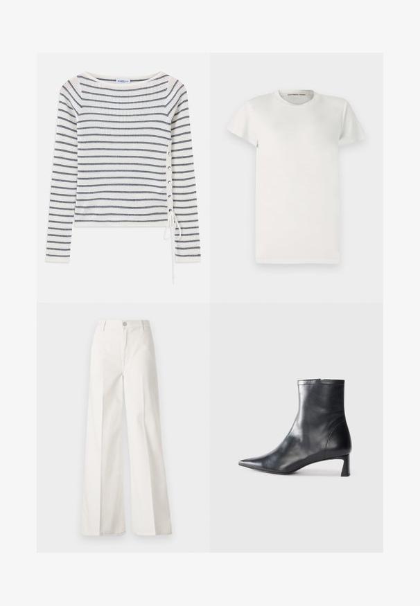 Pruhované tričko s dlhým rukávom v bielej a námornej farbe, s širokým výstrihom a šnurovaním na boku. Vyrobené z textúrovanej pleteniny.; Biely krátky rukáv tričko vyrobené z bavlny, s okrúhlym výstrihom a jednoduchým strihom. Nálepky ukazujú "DESIGNERS REMIX" vo vnútri goliera.; Biele široké nohavice vyrobené z bavlny s hladkou textúrou. Obsahujú predný gombík, zips a dizajn so štyrmi vreckami.; Čierne kožené členkové topánky s špicatou špičkou a elegantným dizajnom. Majú nízky podpätok a zips na zadnej strane. Hladká textúra.