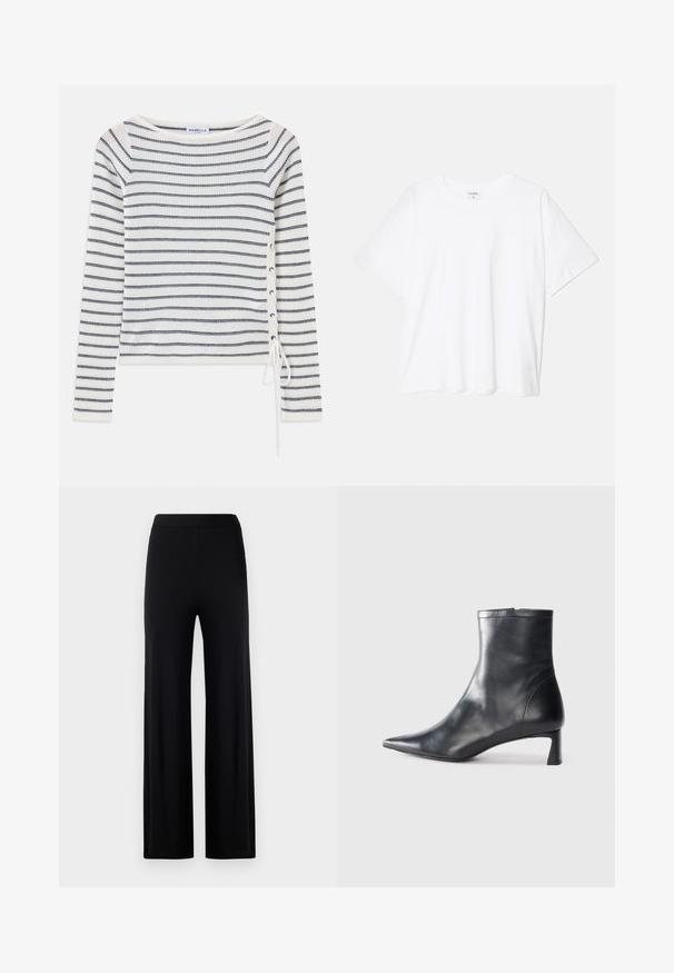 Top de manga larga a rayas en blanco y azul marino, con un escote ancho y detalle de cordones en el costado. Fabricado en un tejido de punto texturizado.; Camiseta de algodón blanca con mangas cortas, escote redondo, corte relajado y dobladillo cosido. Etiqueta visible en el interior del cuello.; Pantalones de pierna ancha negros, confeccionados en una tela suave y elástica. Cuentan con una cinturilla elástica y no tienen cierres ni bolsillos visibles.; Botín de cuero negro hasta el tobillo con punta afilada y un diseño elegante. Presenta un tacón bajo y un cierre con cremallera en la parte trasera. Textura suave.