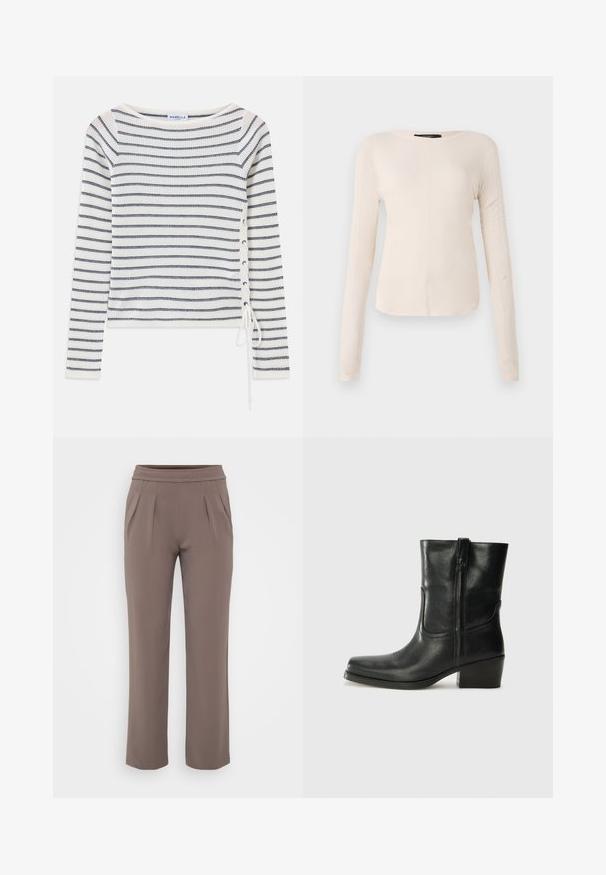 Raidallinen pitkähihaistoppi valkoisena ja laivastonsinisenä, leveällä kaula-aukolla ja nyörityksellä sivussa. Valmistettu teksturoidusta neuloksesta.; Pitkähihainen, vaaleanbeige paita, jossa on pyöreä kaula-aukko. Valmistettu pehmeästä kankaasta, jossa on keskeinen sauma ja hieman kaareva helma. Ei näkyvää metalliosaa.; Harmaat löysät housut, joissa on joustava vyötärö ja etutaskut, valmistettu sileästä kankaasta.; Musta nahkasaapas nilkkamittaisella varrella, pyöreällä kärjellä, lohkarekorolla, sivuvetoketjulla ja ompeluaksentilla varren yläosassa. Suora pinta, klassinen muotoilu.