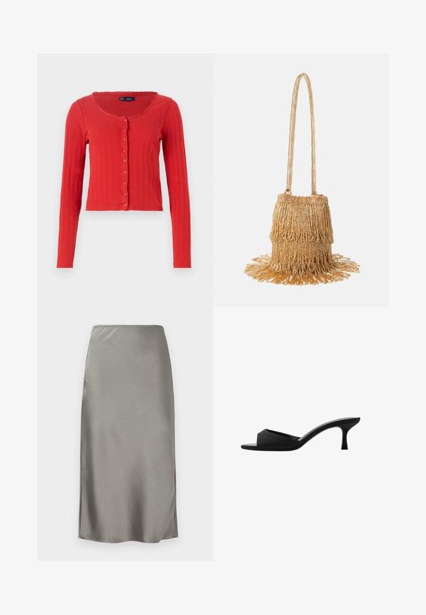 Rode geribbelde cardigan met een ronde halslijn, lange mouwen en knoopsluiting aan de voorkant, met decoratieve golvende rand bij de halslijn.; Lange mouwen shirt in lichtgrijs en wit, met verticale strepen, een kraag en knopenmanchetten. Gemaakt van een ge Textureerd, lichtgewicht stof.; Grijze satijnen midi-rook met een elegante, gladde textuur. Licht uitgesneden zijkanten verbeteren de beweging. Minimalistisch ontwerp, aansluitende taille en rechte silhouet.; Zwarte hakken mules met een brede, open teen en een gebogen bovenkant. Gemaakt van textuurstof, met een slanke hak en een gladde zool.; Gouden handtas van kralen met een franjes ontwerp; heeft een kettinghengsel en gelaagde, gestructureerde versieringen die uitstralen vanaf de basis.