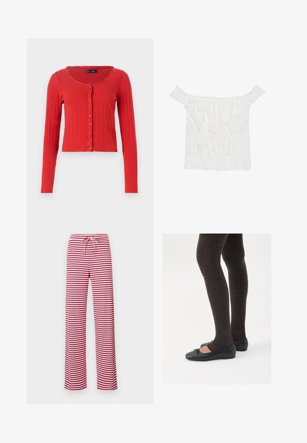 Cardigan rouge à côtes avec un col rond, des manches longues et une fermeture à boutons sur le devant, avec un laçage décoratif en forme de coquille au niveau du col.; Haut blanc à épaules dénudées avec des accents volantés, une texture froncée et une taille élastique. Fabriqué en doux coton.; Pantalons amples à rayures rouges et blanches avec une taille à cordon et une texture côtelée. Design à jambe droite allant jusqu'à la cheville.; Chaussures plates noires avec un petit nœud au niveau des orteils, associées à des collants côtelés marron foncé. Les chaussures ont une texture lisse et un profil bas.