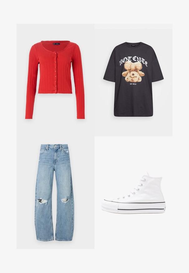 Czerwony kardigan z prążkowanej dzianiny, z okrągłym dekoltem, długimi rękawami i zapięciem na guziki z przodu, z dekoracyjnym falbanym wykończeniem dekoltu.; Czarny, oversize t-shirt z grafiką niedźwiedzia i napisem „NIE UROCZY, ALE DZIKI” w grubej, białej czcionce. Materiał bawełniany.; Jasnoniebieskie, wysokiej talii dżinsy wykonane z denimu. Posiadają szerokie nogawki, dwa podarte miejsca na kolanach oraz klasyczne pięć kieszeni.; Białe wysokie trampki z płótna z czarną gumową podeszwą, przednim czubkiem z gumy i sześcioma dziurkami na sznurowadła, charakteryzujące się prostym, minimalistycznym designem.